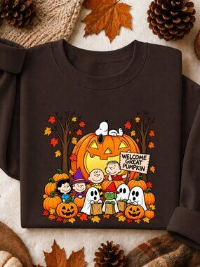Peanuts Halloween Sweatshirt Graphic Crewneck Fall Autumn Leaves Great Pumpkin